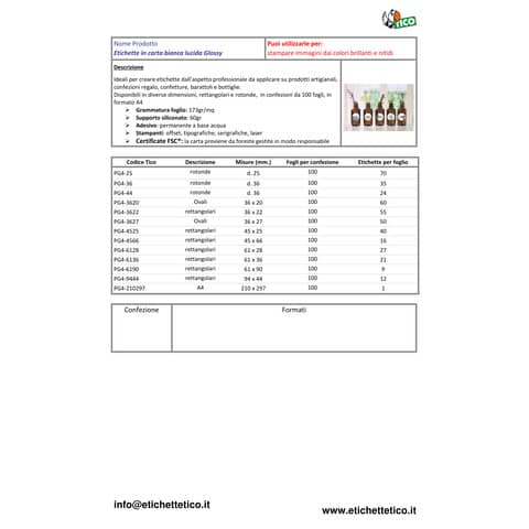 Etichette rotonde TICO Press Glossy Ø 36 mm bianco lucido - 35 et./foglio - conf. 100 fogli - PG4-36